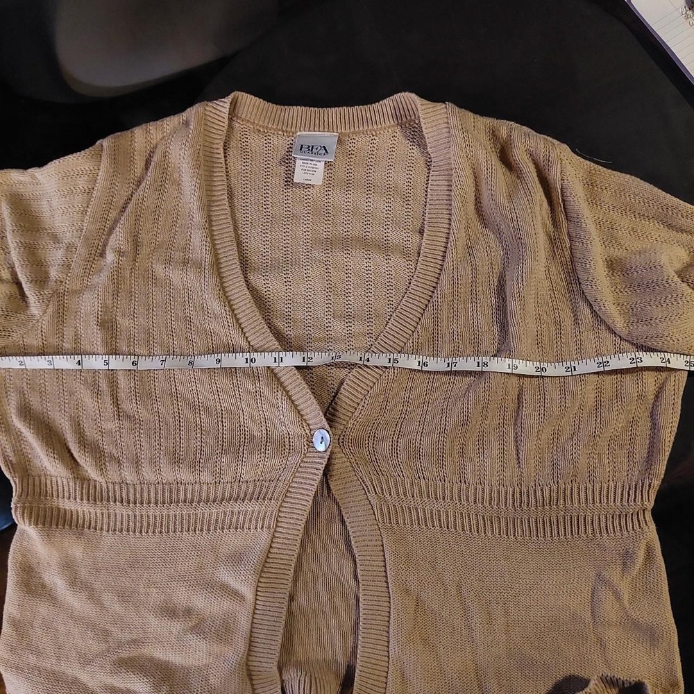 Vintage BFA Classics Tan Cotton Ruffle Cardigan Sweater Made in USA Large - Picture 4 of 6